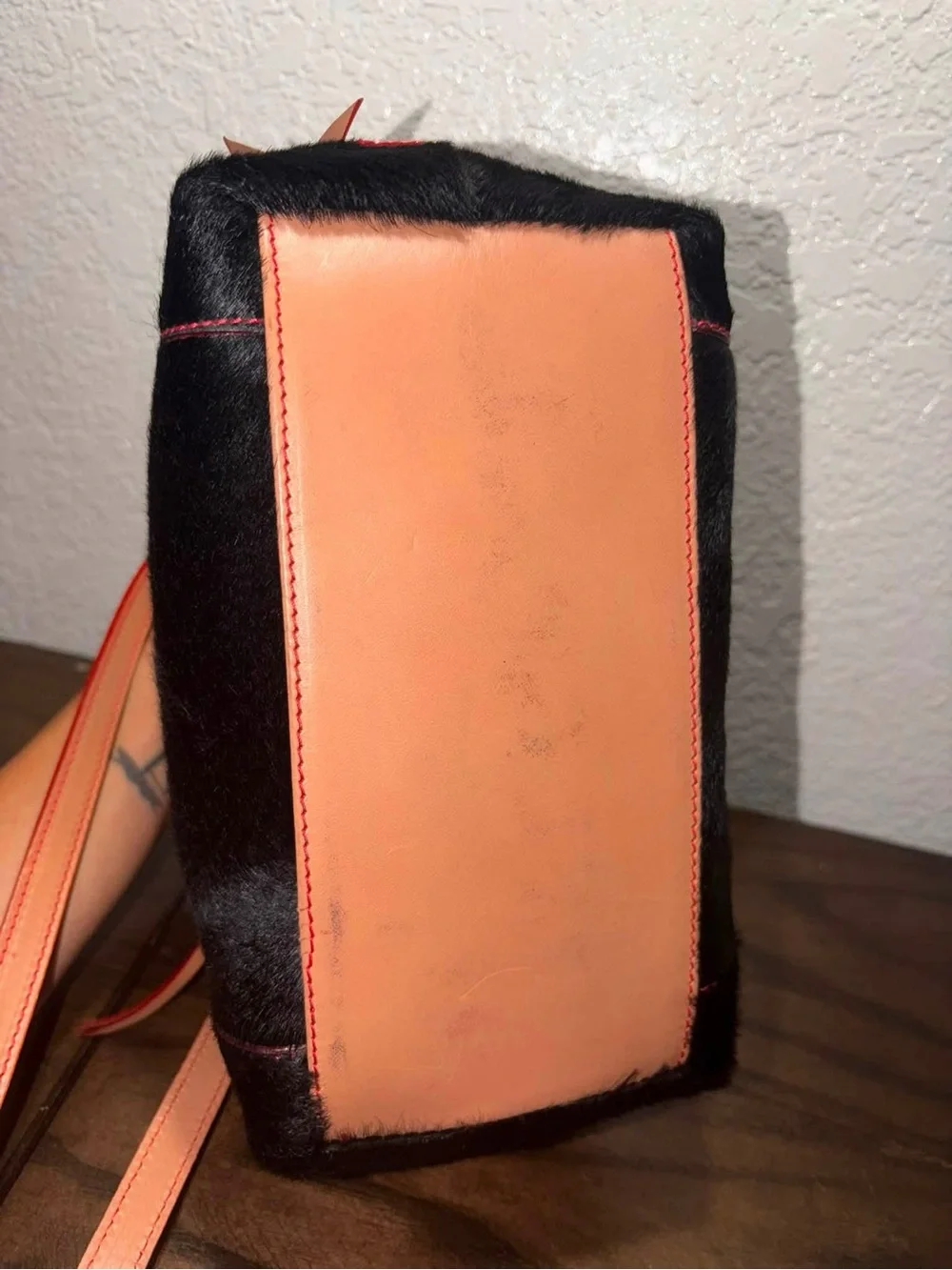 Rare Dooney and Burke Black Faux-Hair Satchel with Tan & Coral Trim